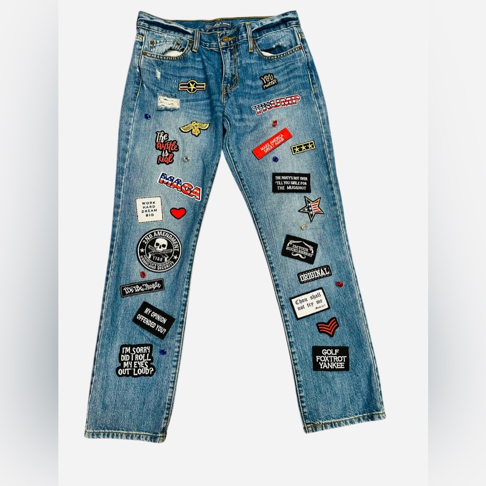 MAGA Trump Levi's Patched Jeans. Size 9. Patches & embellishment is hand sewn on